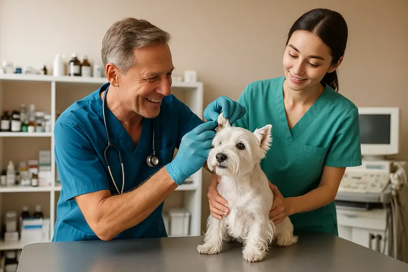 Veterinary team examining a small dog